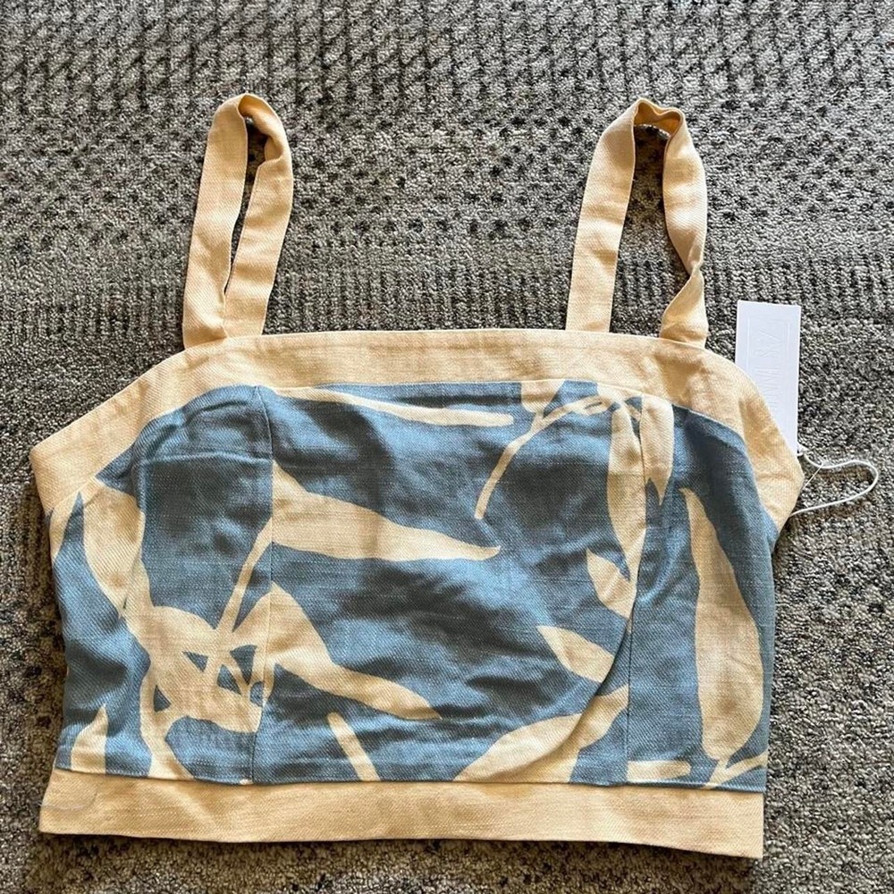Linen blend crop top blue and white rouched back coquette Ren square neck XL